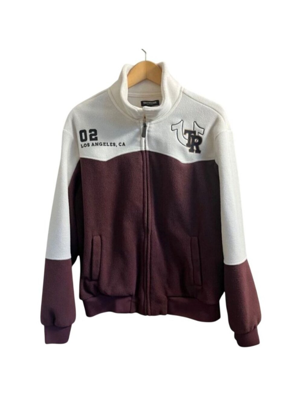 True Religion Mens XL Jacket Los Angeles 02 Varsity Fleece Maroon Cream Prep Win
